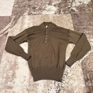 US Military Wool Sweater OD Green Brown 5 Button Shawl Collar Henley Pullover L